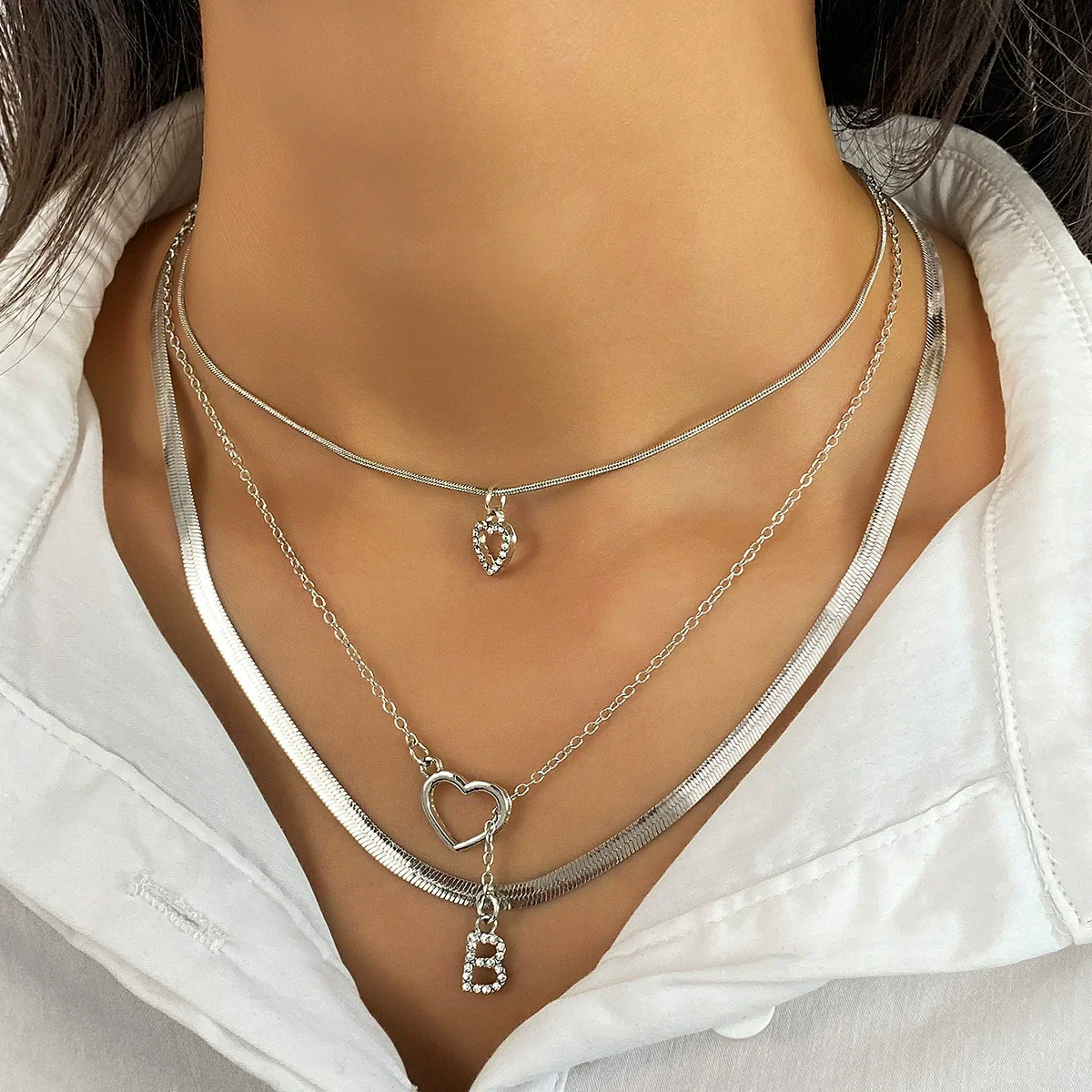 Alloy Diamondencrusted Love Pendant Threelayer Necklace With Letter Pattern For Women - Image 6