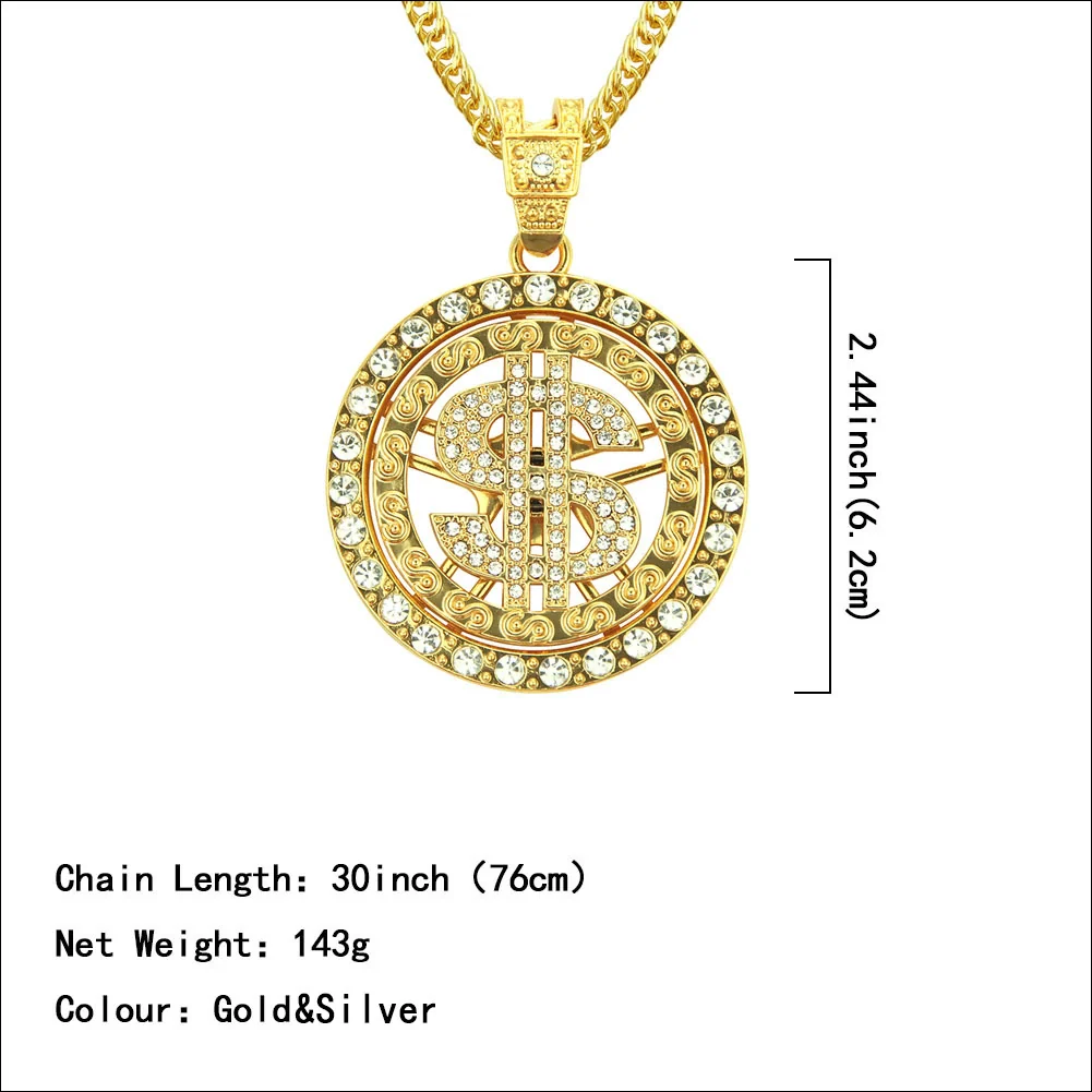 Alloy Dollar Sign Diamond Rotating Pendant Necklace With Cuban Chain Jewelry - Image 2