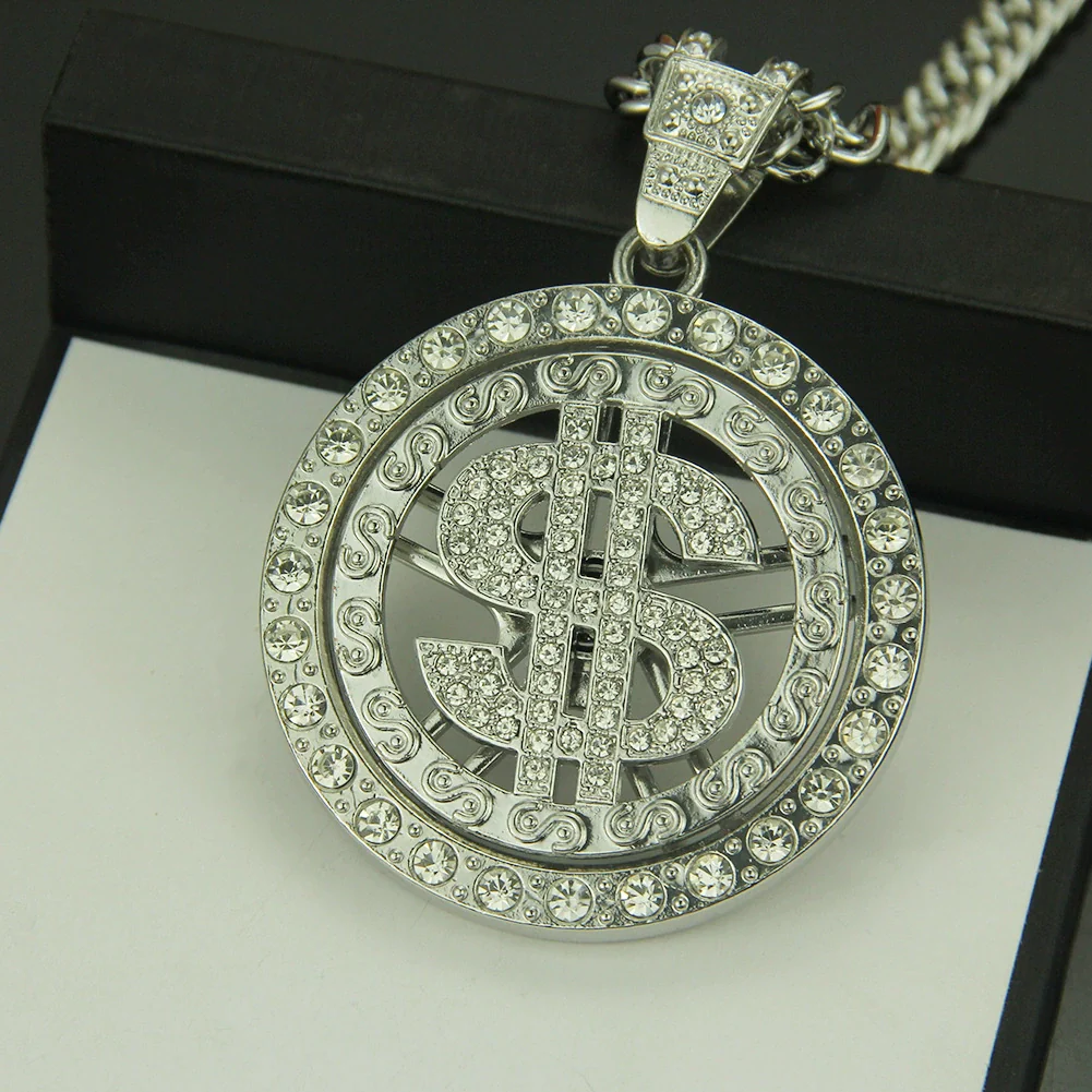 Alloy Dollar Sign Diamond Rotating Pendant Necklace With Cuban Chain Jewelry - Image 3