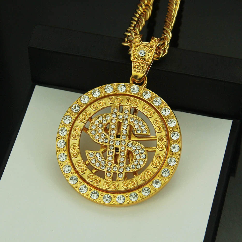 Alloy Dollar Sign Diamond Rotating Pendant Necklace With Cuban Chain Jewelry - Image 4