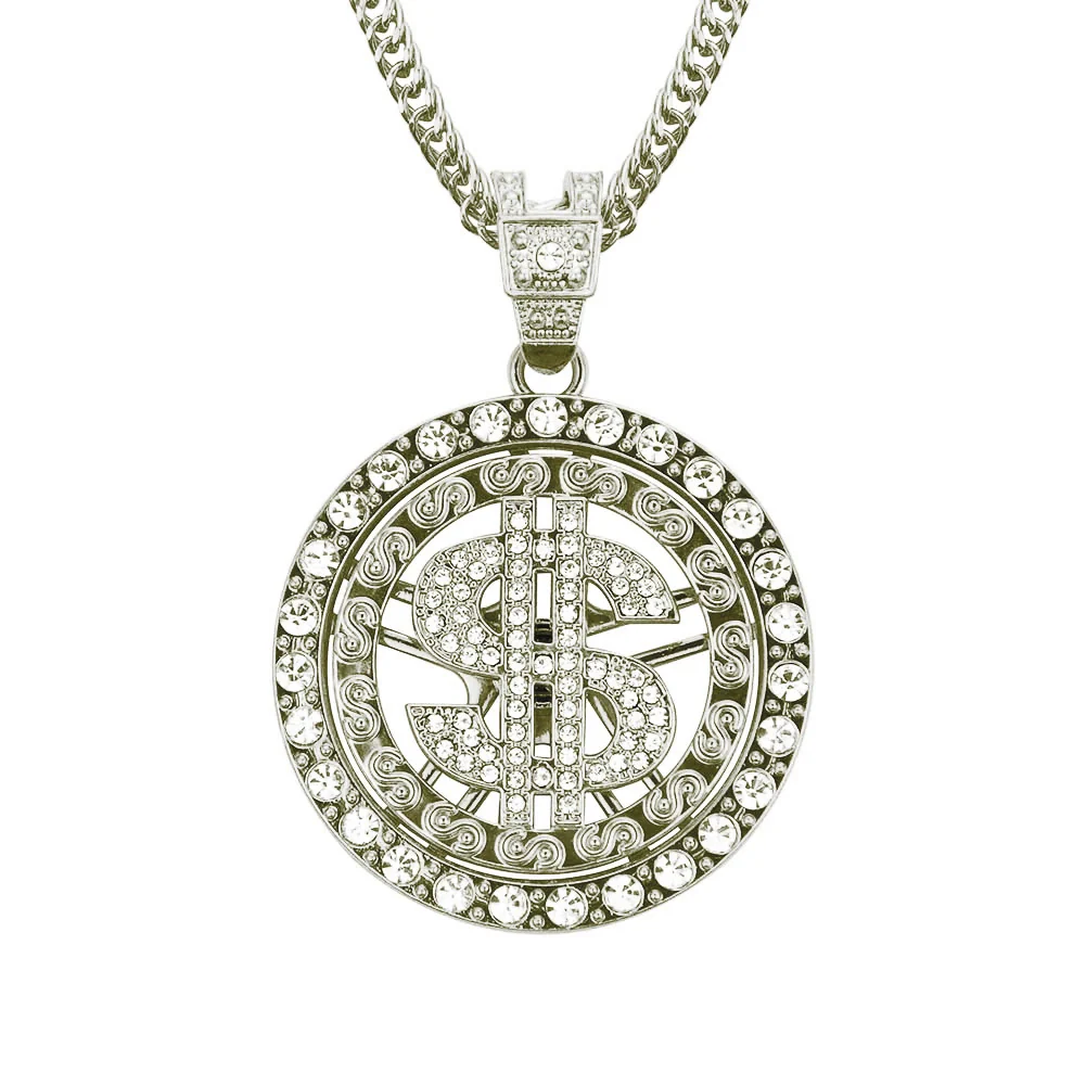 Alloy Dollar Sign Diamond Rotating Pendant Necklace With Cuban Chain Jewelry - Image 6