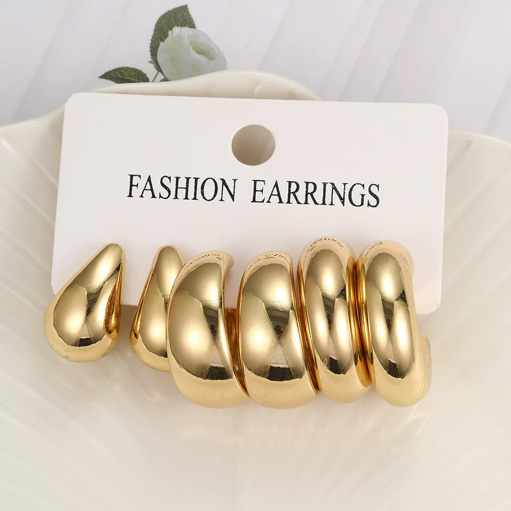 Alloy Drop Shape Metal Earrings Set Electroplated Retro Simple For Women - Image 3