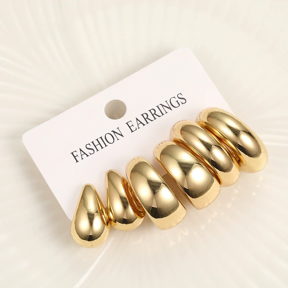Alloy Drop Shape Metal Earrings Set Electroplated Retro Simple For Women - Image 4