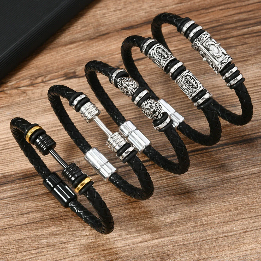 Alloy Dumbbell Geometric Leather Woven Polishing Unisex Men's Bracelet Jewelry Fashion - Image 2