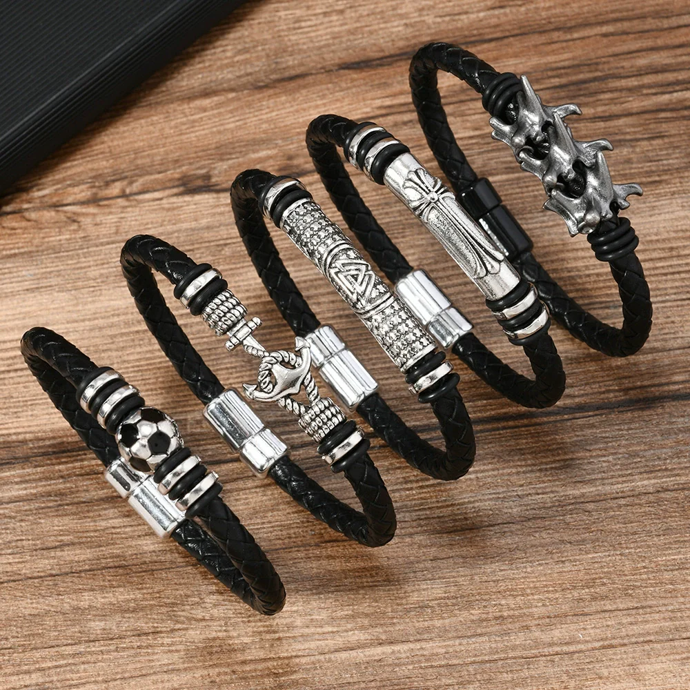 Alloy Dumbbell Geometric Leather Woven Polishing Unisex Men's Bracelet Jewelry Fashion - Image 3