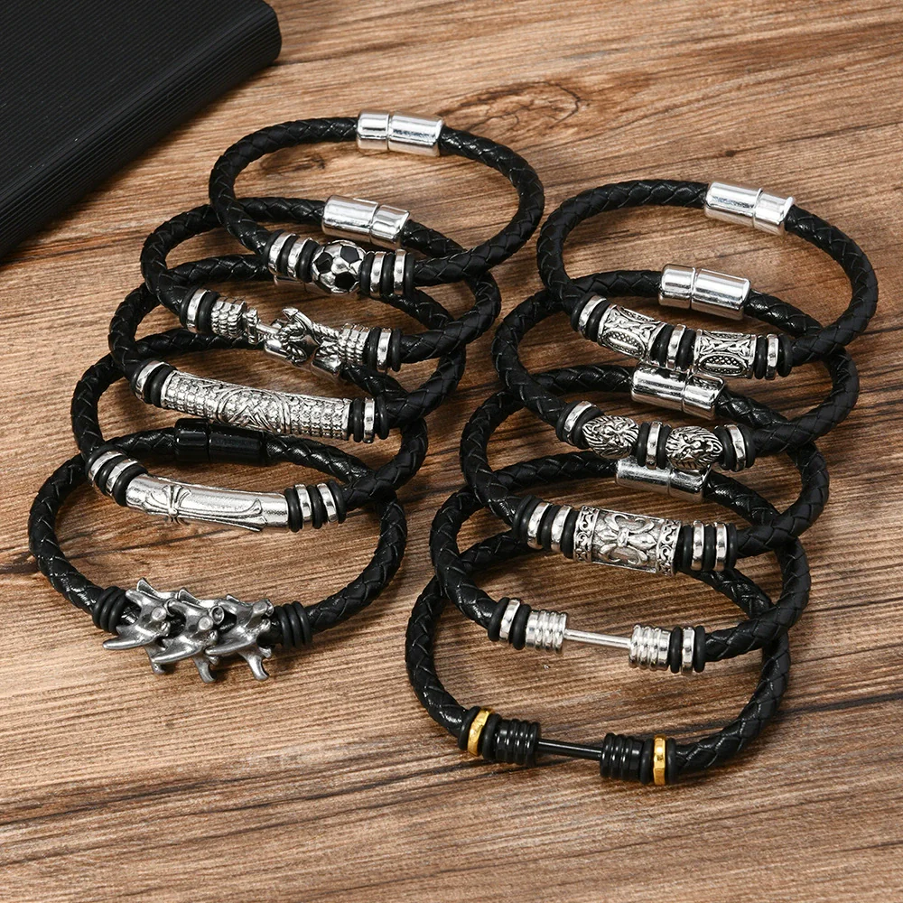 Alloy Dumbbell Geometric Leather Woven Polishing Unisex Men's Bracelet Jewelry Fashion - Image 4