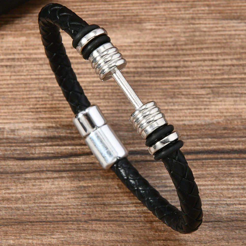 Alloy Dumbbell Geometric Leather Woven Polishing Unisex Men's Bracelet Jewelry Fashion - Image 6