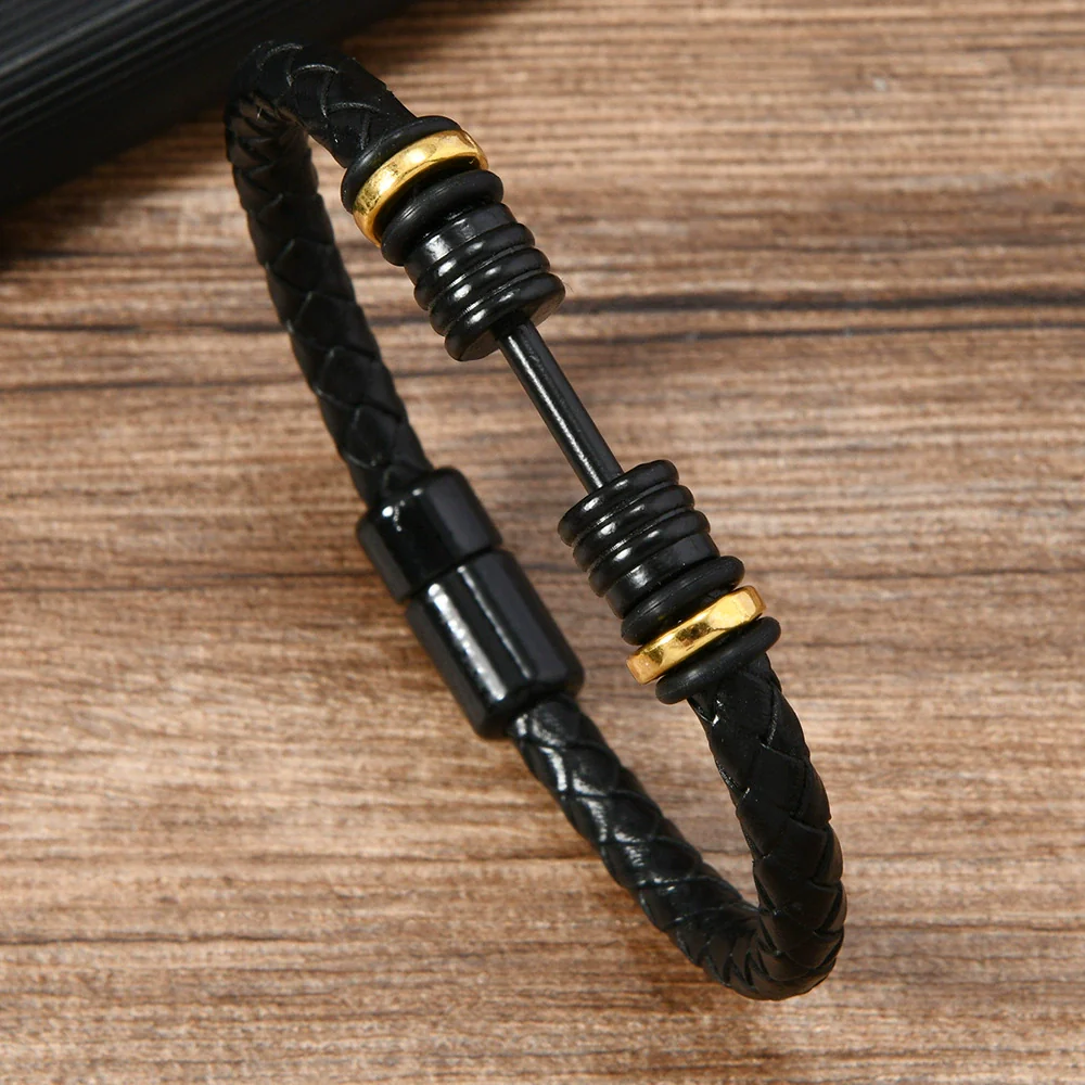 Alloy Dumbbell Geometric Leather Woven Polishing Unisex Men's Bracelet Jewelry Fashion - Image 7