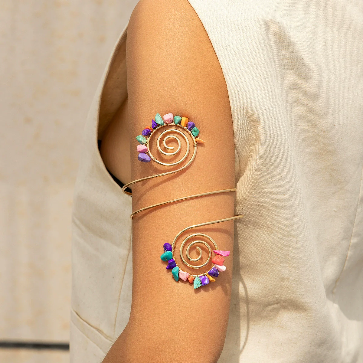 Alloy Electroplated Geometric Gravel Beaded Spiral Line Arm Chain Bracelet Jewelry - Image 3