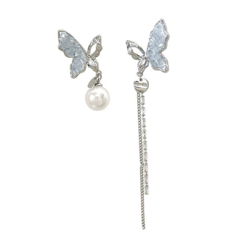Alloy Electroplated Insect Pattern Women's Ear Jewelry With Asymmetric Blue Butterfly Tassel And Long Pearl Design - Image 5