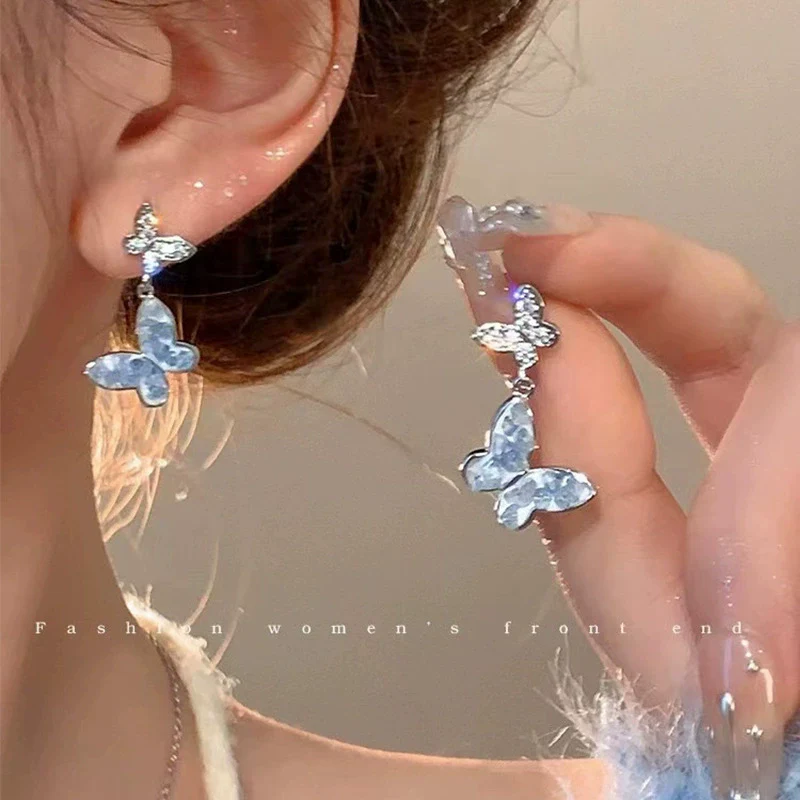 Alloy Electroplated Insect Pattern Women's Ear Jewelry With Asymmetric Blue Butterfly Tassel And Long Pearl Design - Image 6