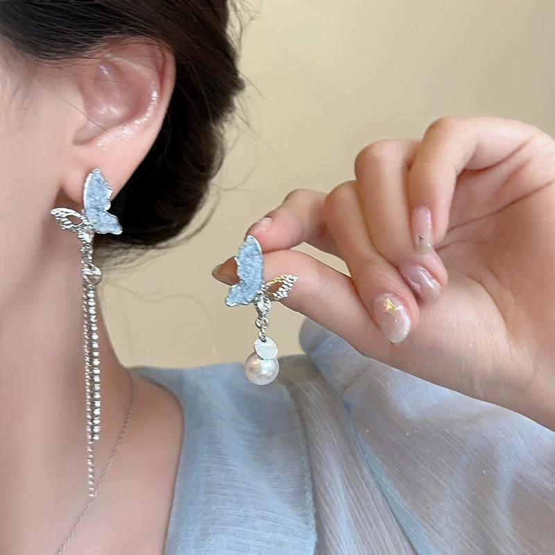 Alloy Electroplated Insect Pattern Women's Ear Jewelry With Asymmetric Blue Butterfly Tassel And Long Pearl Design - Image 7