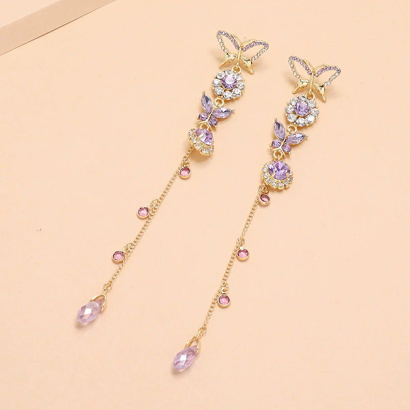 Alloy Fashion Cool Purple Butterfly Long Tassel Earrings With Diamond Design - Image 2