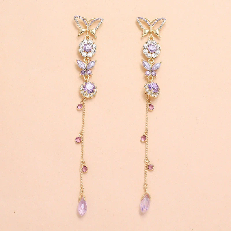 Alloy Fashion Cool Purple Butterfly Long Tassel Earrings With Diamond Design - Image 3