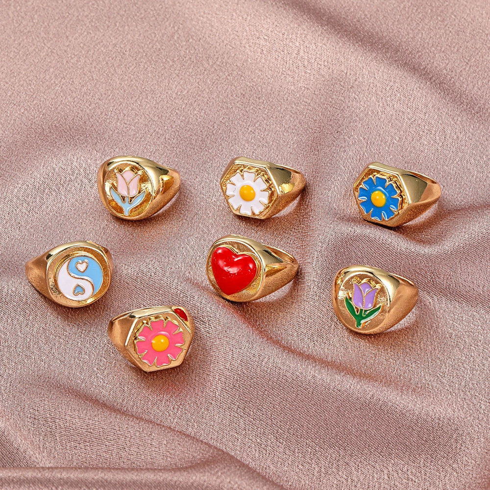 Alloy Flower Heart Ring Retro Creative Dripping Oil Women's - Image 2