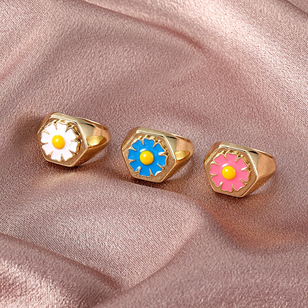 Alloy Flower Heart Ring Retro Creative Dripping Oil Women's - Image 3