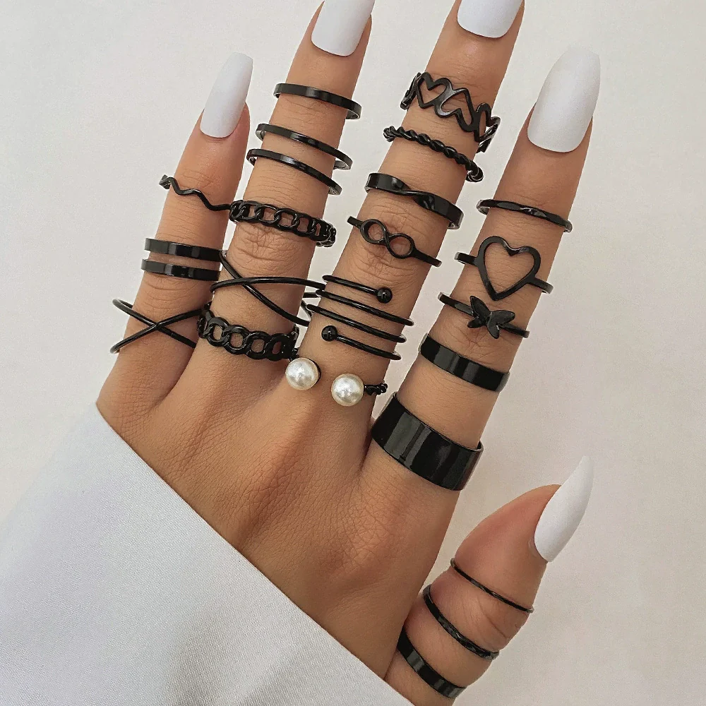 Alloy Geometric Black Butterfly Diamond Pearl Ring Dripping Oil Highend Unisex - Image 11