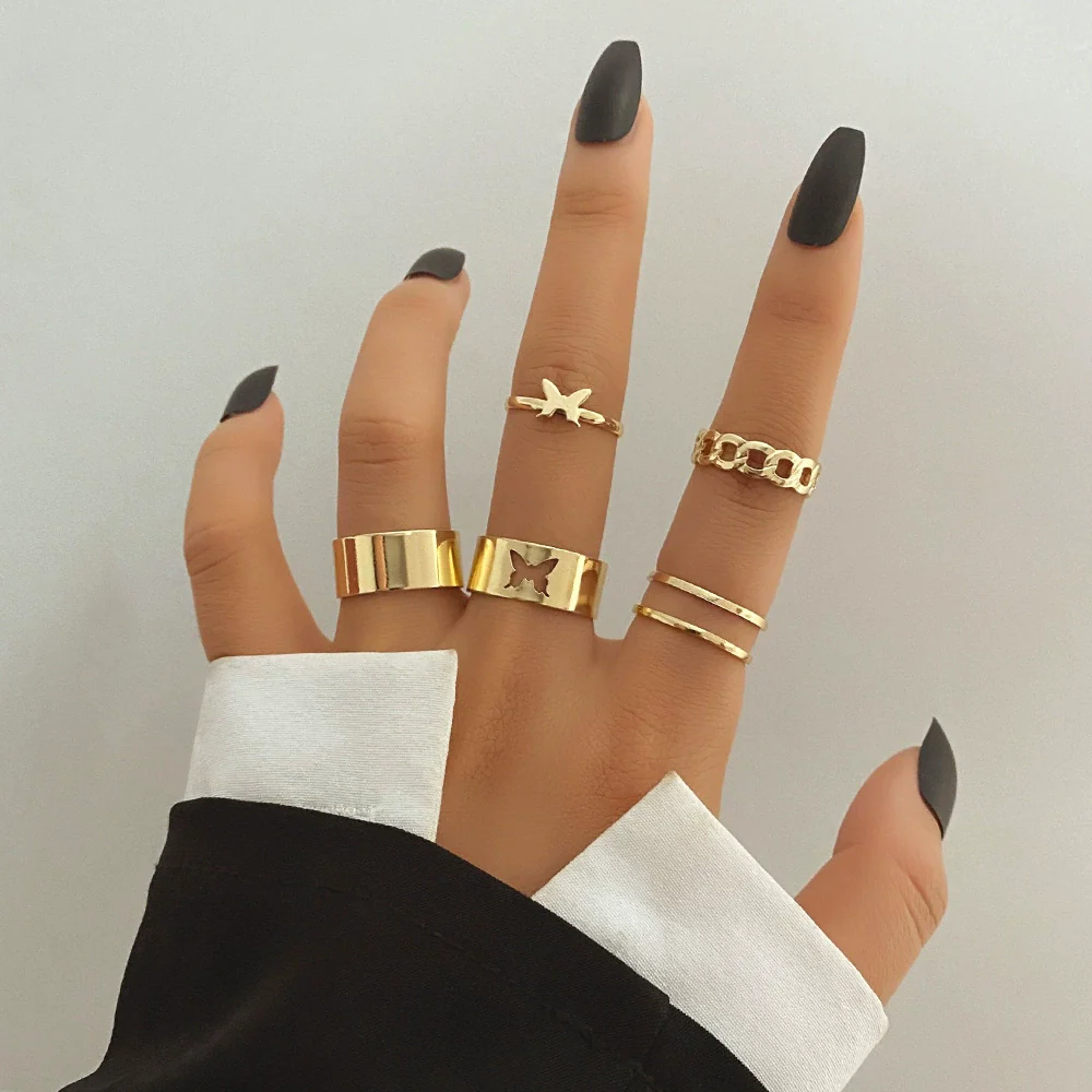 Alloy Geometric Butterfly Hollow Chain Ring Set Electroplated Unisex