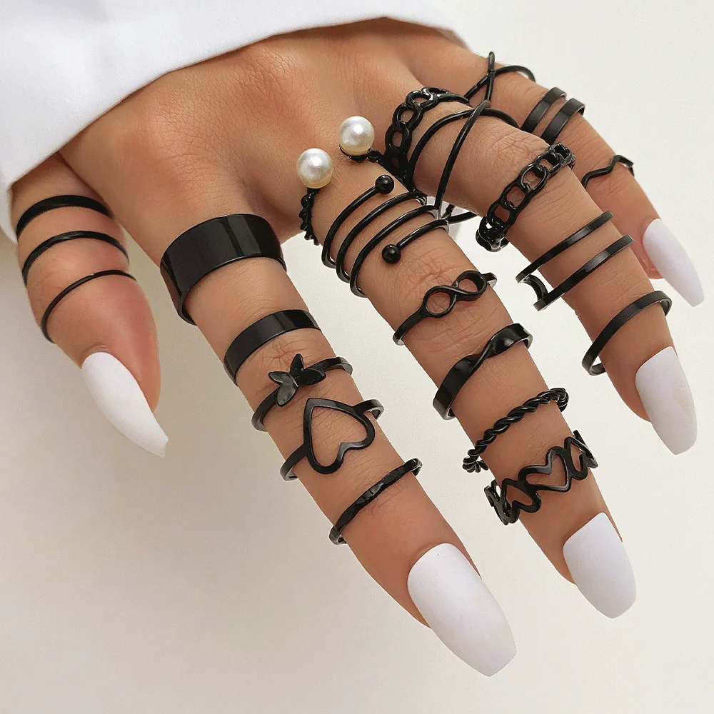 Alloy Geometric Butterfly Opening Multijoint Ring Set With Precious Stones Unisex