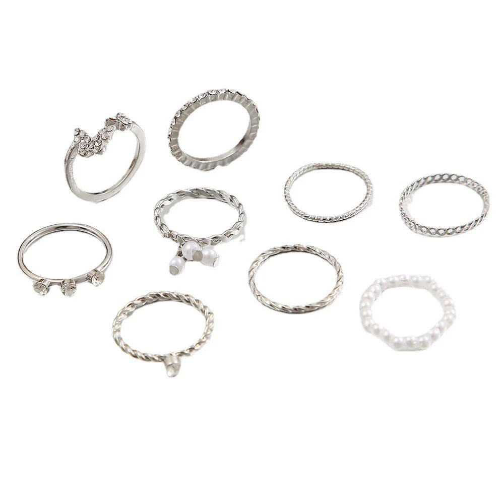 Alloy Geometric Butterfly Pearl Ring Electroplating Unisex 9Piece Set - Image 5