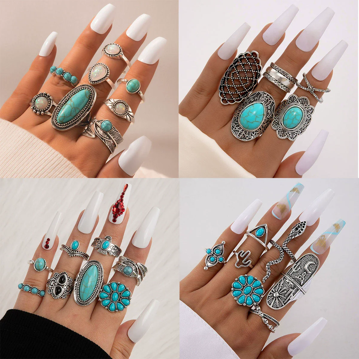 Alloy Geometric Carved Feather Women's Retro Ring Set With Electroplating