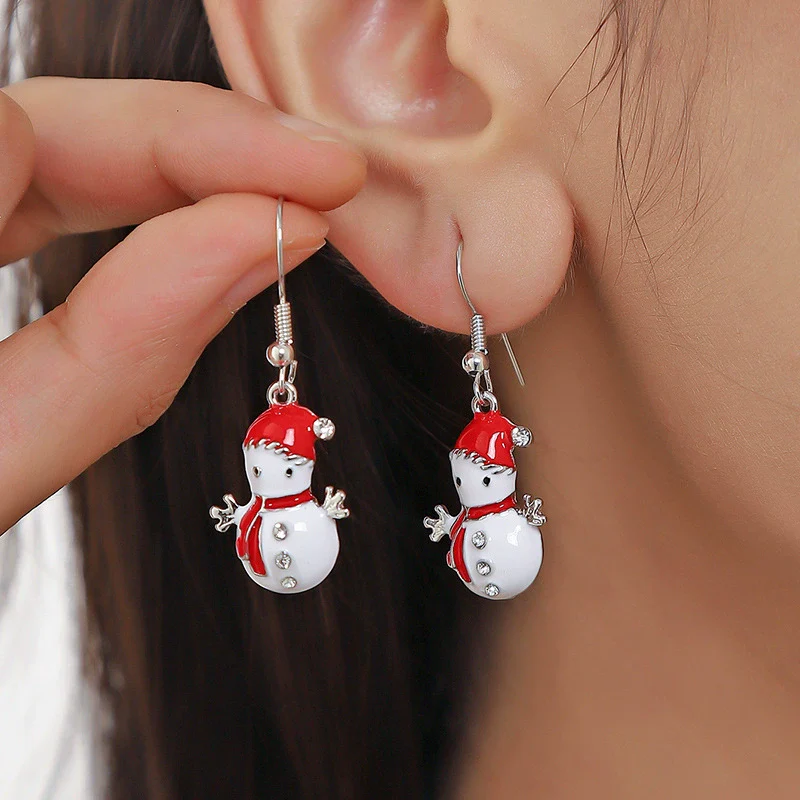 Alloy Geometric Christmas Snowman Doll Earrings For Women With Diamond Design