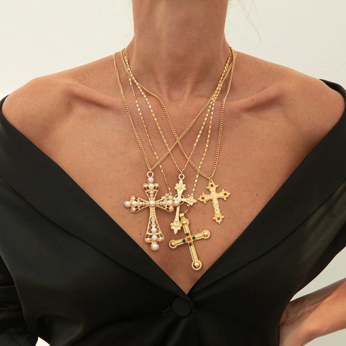 Alloy Geometric Cross Inlaid Pearl Pendant Necklace With Electroplating Metal Chain Unisex - Image 2