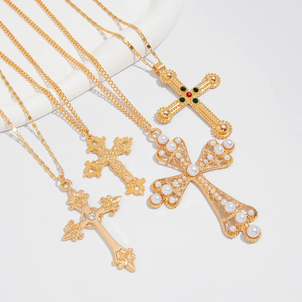 Alloy Geometric Cross Inlaid Pearl Pendant Necklace With Electroplating Metal Chain Unisex - Image 3