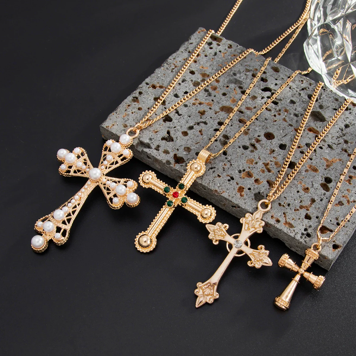 Alloy Geometric Cross Inlaid Pearl Pendant Necklace With Electroplating Metal Chain Unisex - Image 4