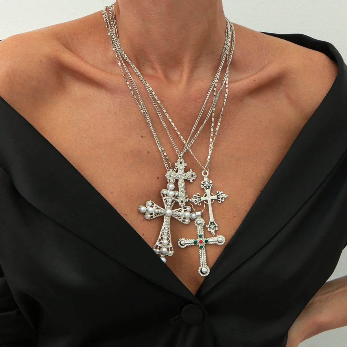 Alloy Geometric Cross Inlaid Pearl Pendant Necklace With Electroplating Metal Chain Unisex - Image 8