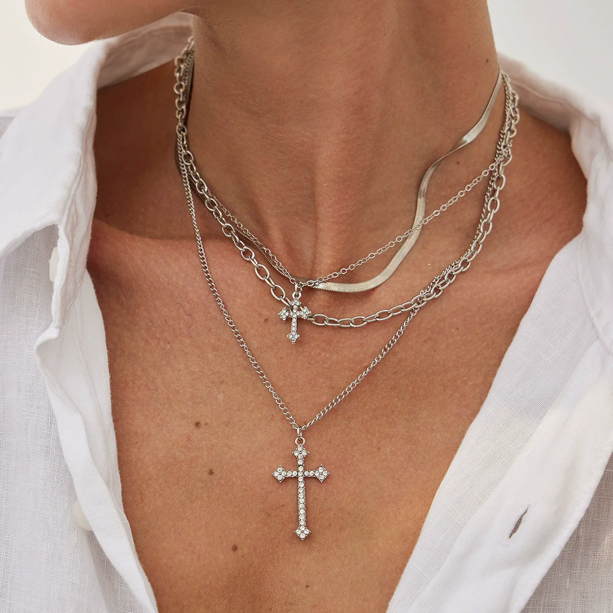 Alloy Geometric Cross Pendant Necklace With Snake Bone Chain Electroplating Hiphop Design For Women