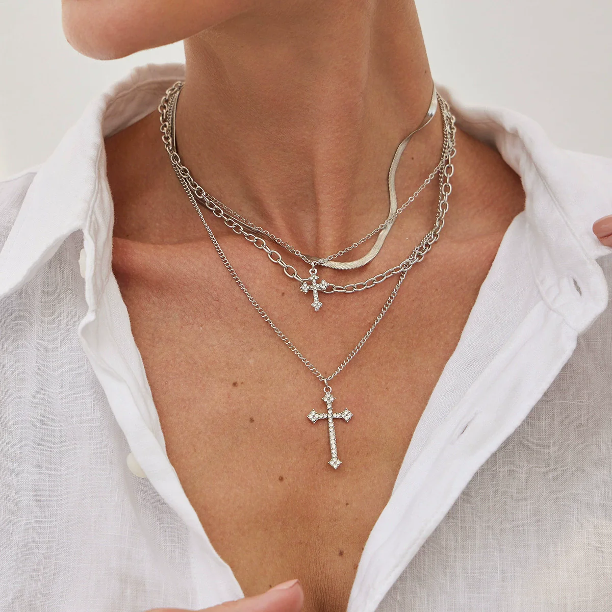 Alloy Geometric Cross Pendant Necklace With Snake Bone Chain Electroplating Hiphop Design For Women - Image 3