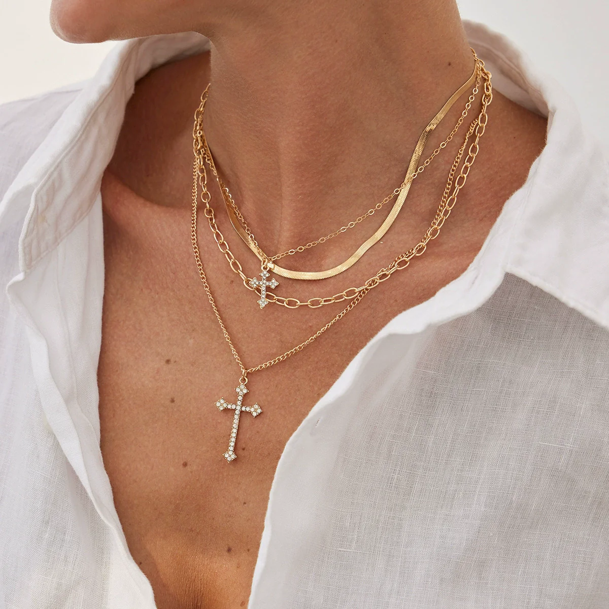 Alloy Geometric Cross Pendant Necklace With Snake Bone Chain Electroplating Hiphop Design For Women - Image 6