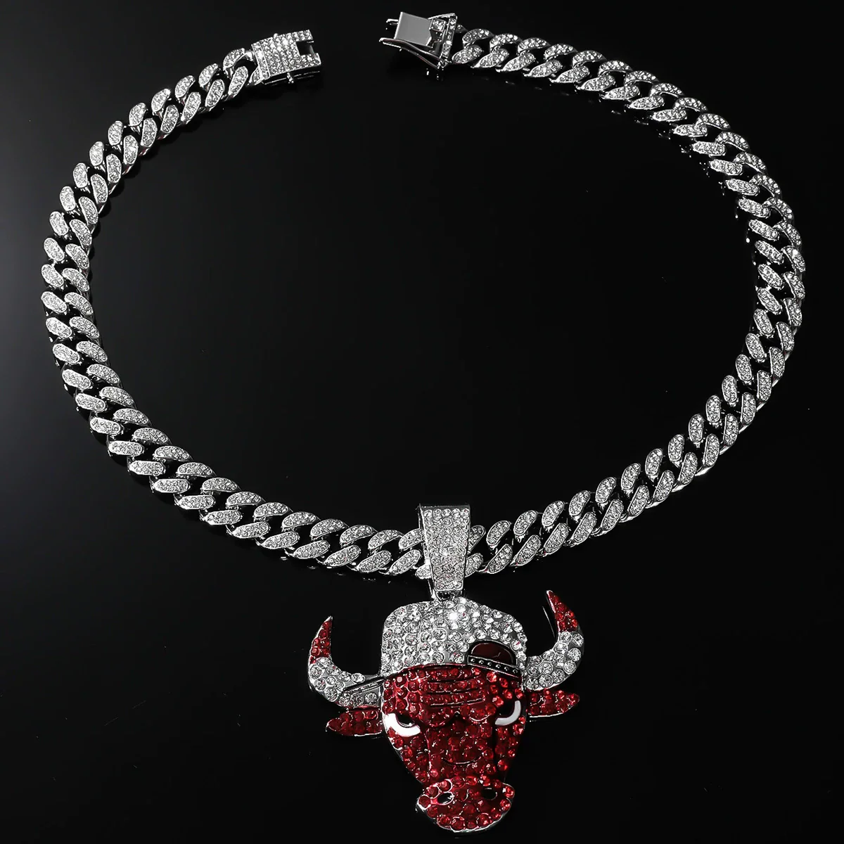 Alloy Geometric Diamond Bull Head Pendant Men's Cuban Chain Necklace Accessories - Image 4