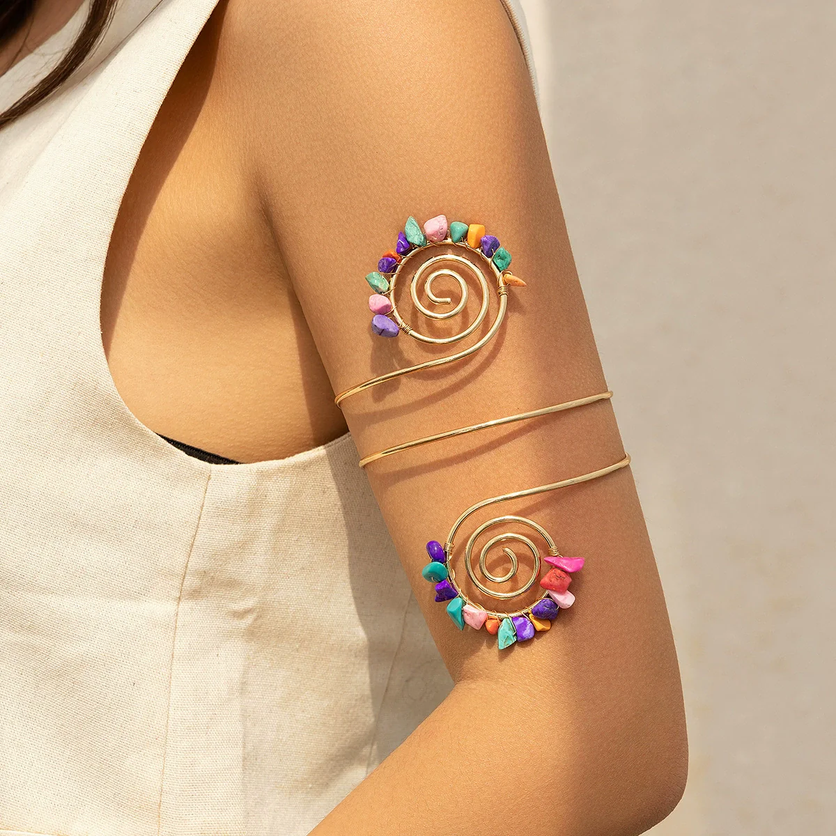 Alloy Geometric Electroplated Gravel Beaded Spiral Open Arm Bracelet Jewelry - Image 10