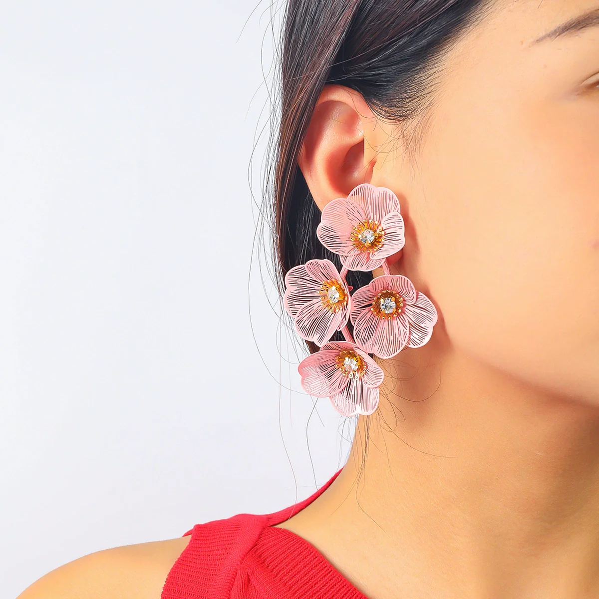 Alloy Geometric Flower Tassel Electroplated Earrings For Women Niche Fashionable Elegant Light Luxury Style