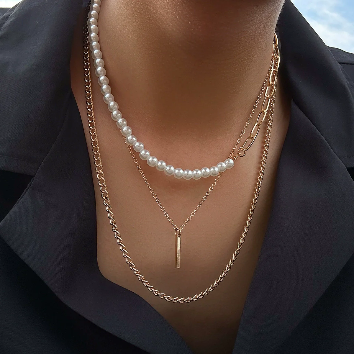 Alloy Geometric Handmade Men's Pearl Hiphop Stacked Clavicle Necklace