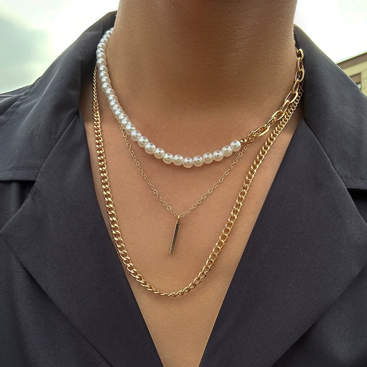 Alloy Geometric Handmade Men's Pearl Hiphop Stacked Clavicle Necklace - Image 3