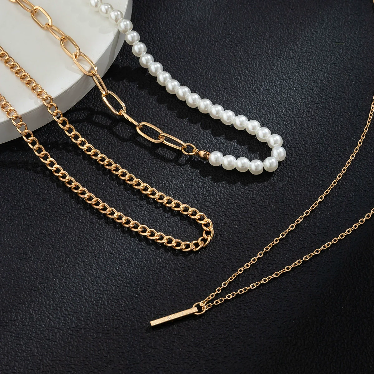 Alloy Geometric Handmade Men's Pearl Hiphop Stacked Clavicle Necklace - Image 4