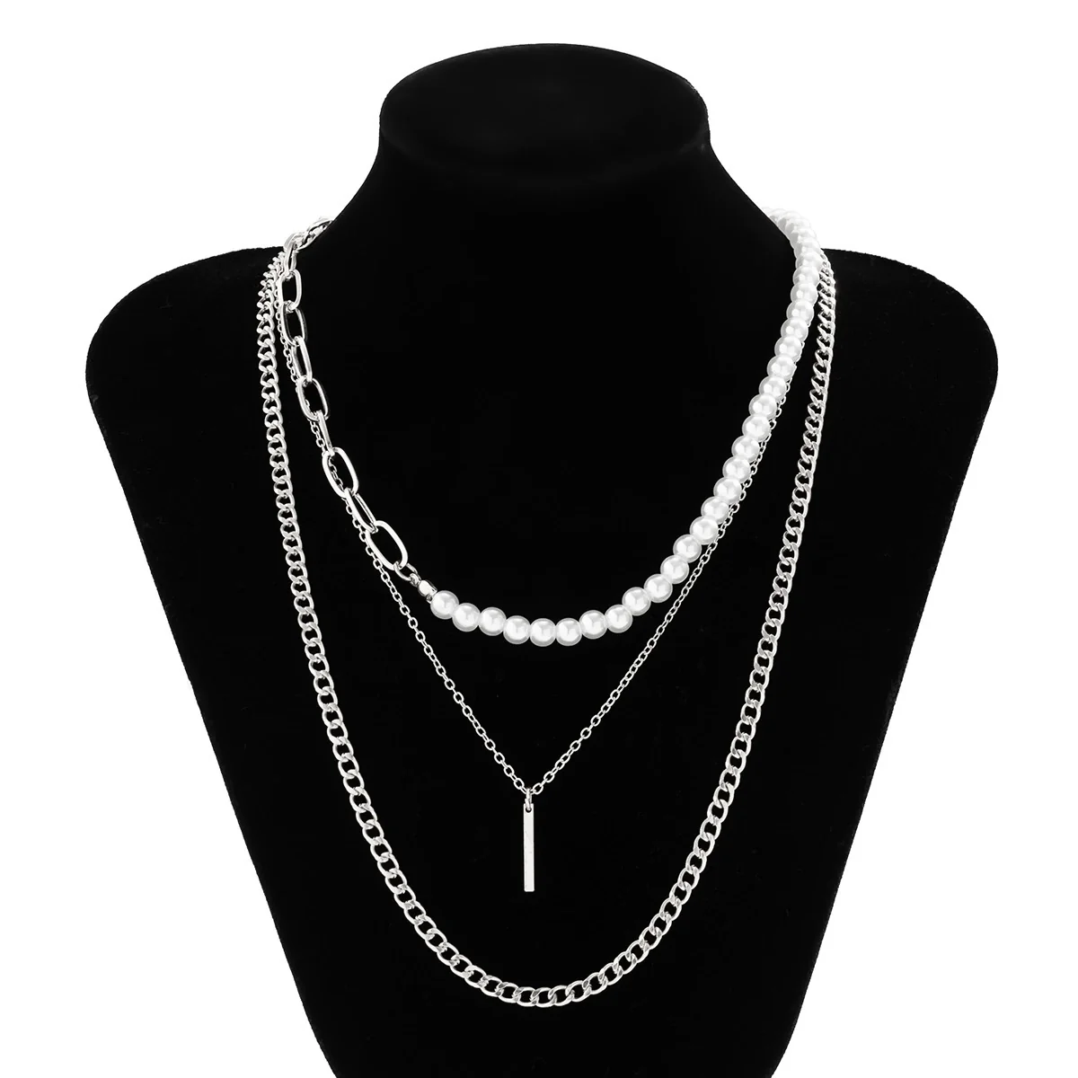 Alloy Geometric Handmade Men's Pearl Hiphop Stacked Clavicle Necklace - Image 7
