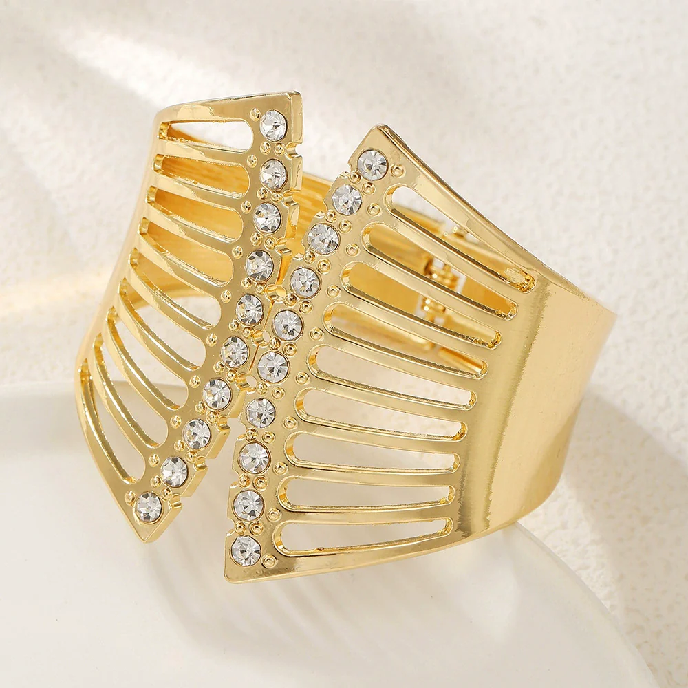 Alloy Geometric Metal Bracelets Electroplated Diamondencrusted Multilayered Glossy Hollow Open For Women - Image 2