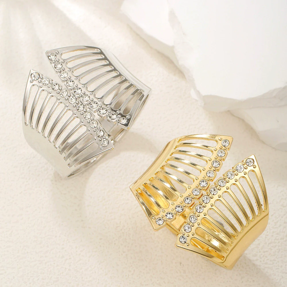 Alloy Geometric Metal Bracelets Electroplated Diamondencrusted Multilayered Glossy Hollow Open For Women - Image 3