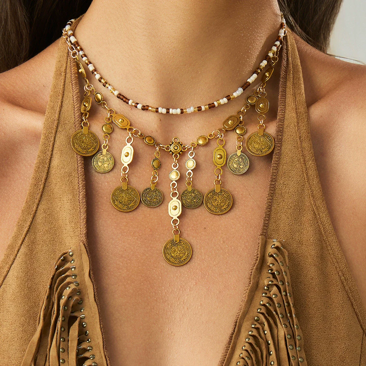 Alloy Geometric Metal Coin Pendant Tassel Necklace Electroplated For Women