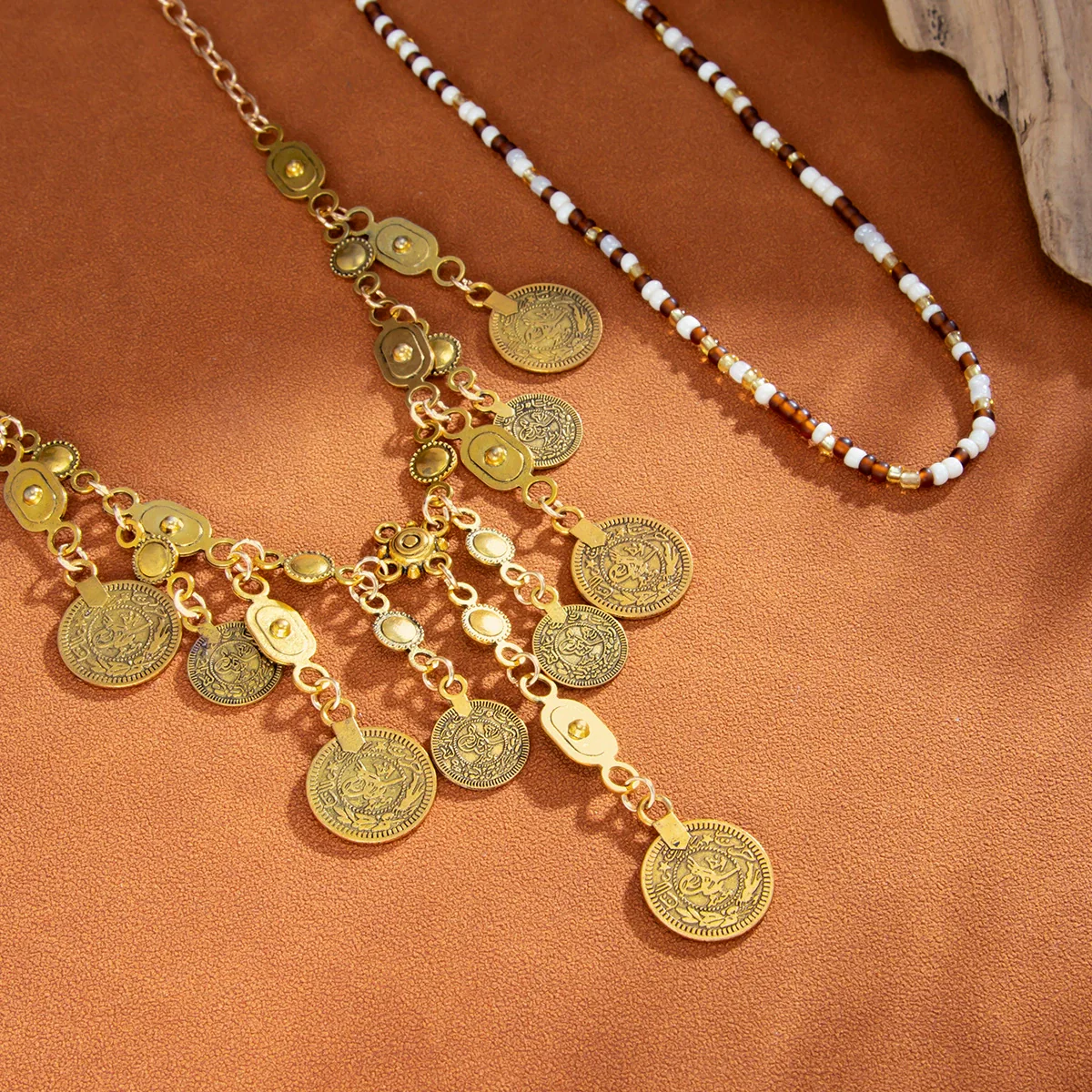 Alloy Geometric Metal Coin Pendant Tassel Necklace Electroplated For Women - Image 3