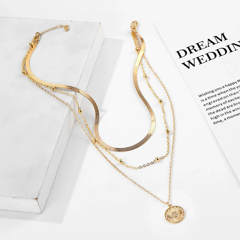 Alloy Geometric Multilayer Lotus Pendant Necklace For Women With Electroplated Blade Chain - Image 3