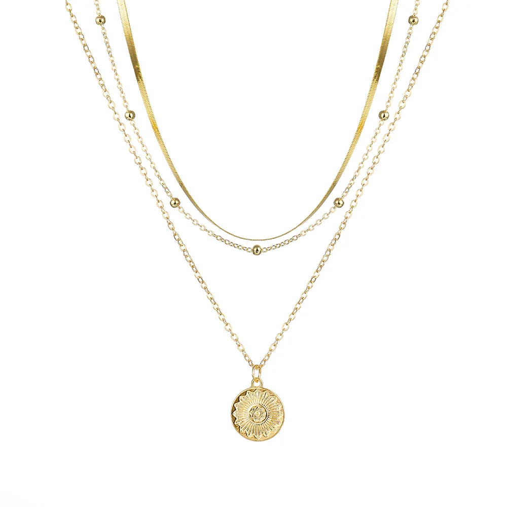 Alloy Geometric Multilayer Lotus Pendant Necklace For Women With Electroplated Blade Chain - Image 5