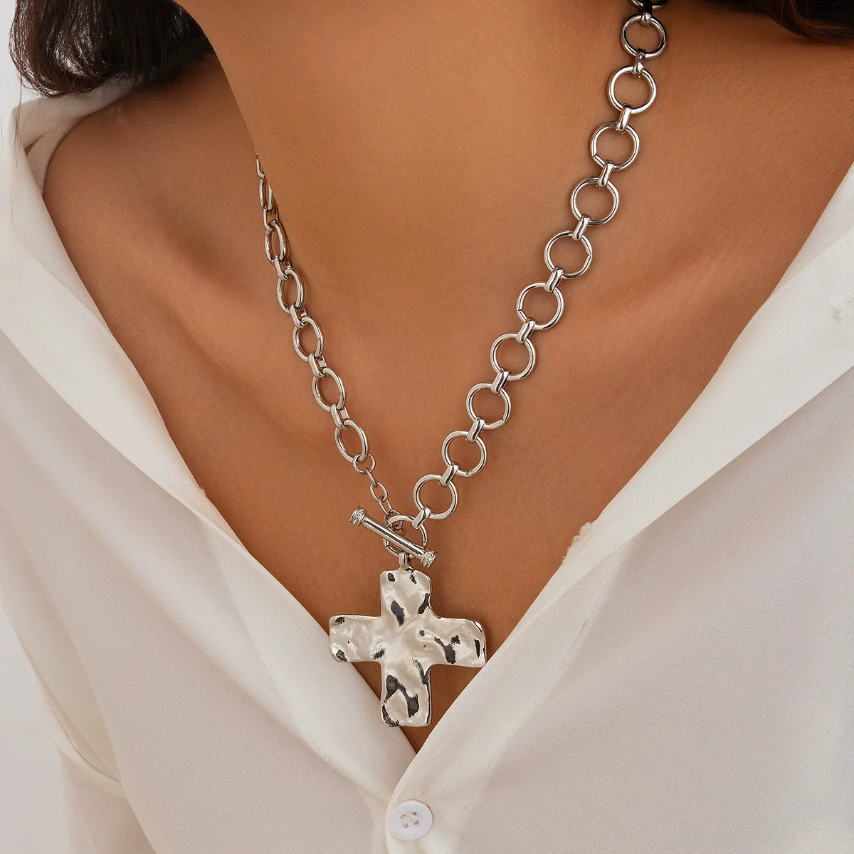 Alloy Geometric Punk Ins Style Cross O Word Chain Pendant Necklace For Women Electroplated - Image 7