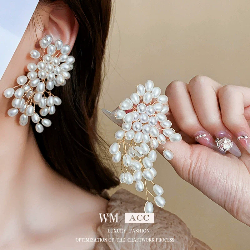 Alloy Geometric Retro Natural Pearl Tassel Earrings With Electroplating For Women - Image 2