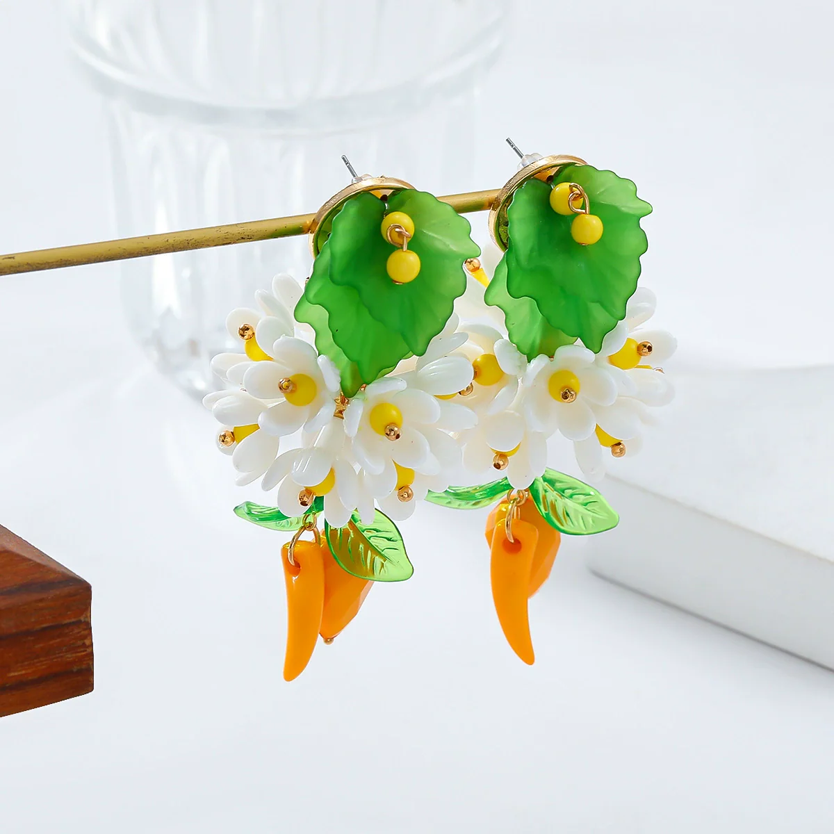 Alloy Geometric Style Fresh Sweet Flower Tassel Long Leaf Drop Handmade Women's Earrings With Diamond Design - Image 2