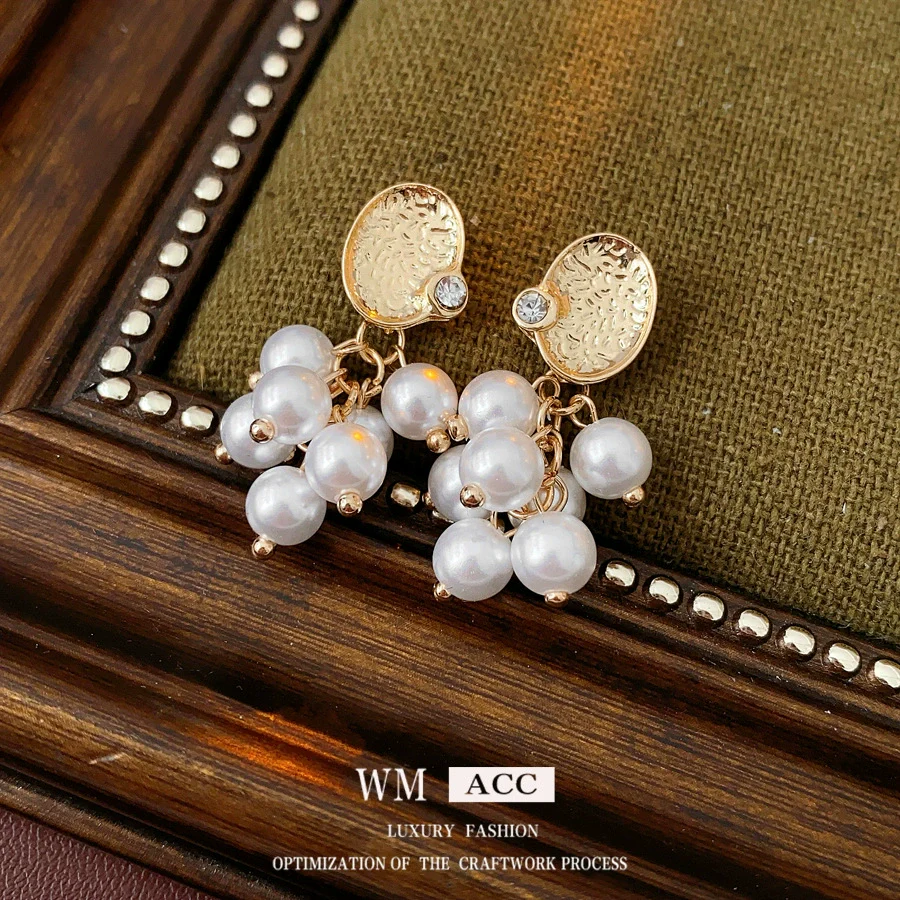 Alloy Geometric Tassel Pearl Earrings Set With Diamonds For Women Real Gold Electroplated Highend - Image 3